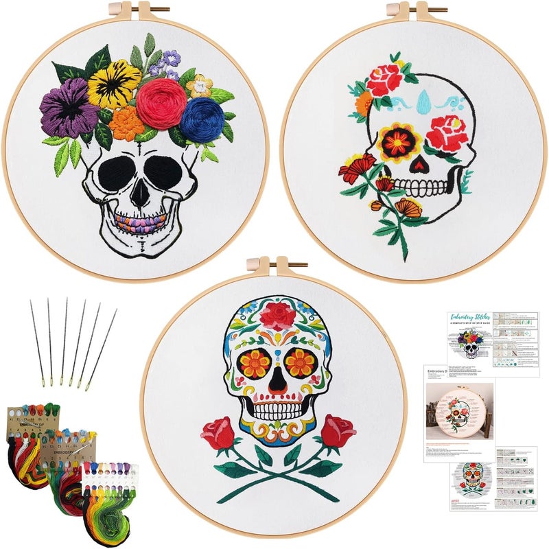 Nuberlic 3 Pack Halloween Skull Embroidery Kit for Adults Beginner Cross Stitch Kits for Starters with Skull Patterns Include 3 Hoop Cloth Thread Needles and Instructions - Image 1